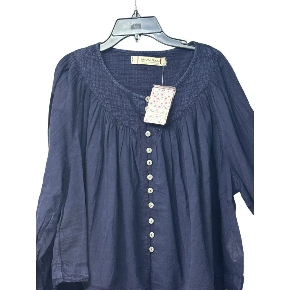 Free People Cool Meadow Woven Cotton Top, Navy, Sz. S